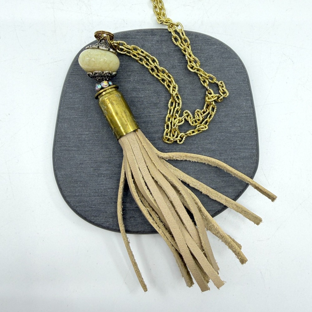Beige Leather Tassel Pendant Necklace Gold Tone Chain Boho Statement Jewelry